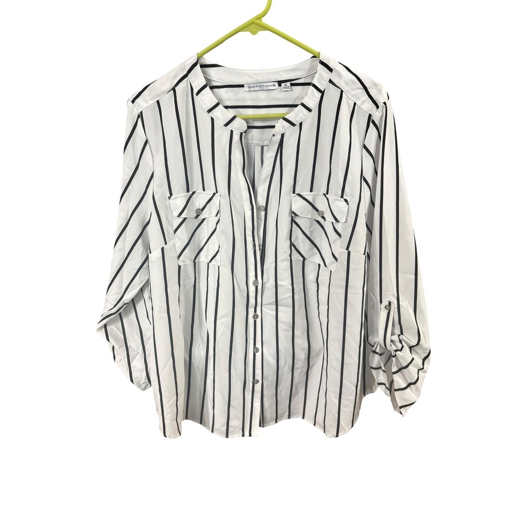 Notations Womens XL White Black Striped Button Front Roll Tab Sleeve Blouse Top